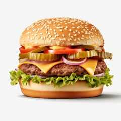 A big hamburger with cheese, lettuce, tomato, pickles, and onion on a white background from a front view.