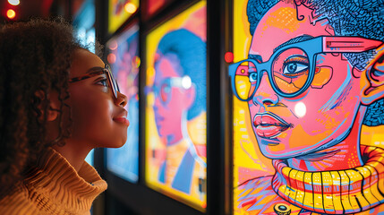 African American woman gazing at a colorful urban graffiti mural with interest and admiration