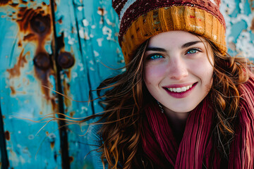 Jeune femme portant un bonnet tricoté, souriante, avec des yeux bleus
