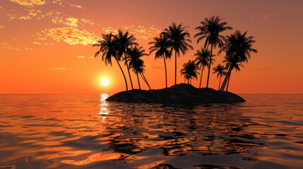 A small island with palms at sunset is situated in the middle of a body of water, surrounded by rippling waves. The island is covered with lush green vegetation and a few scattered trees.
