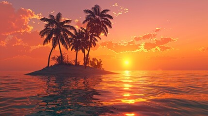 The image shows a tropical island with palm trees set against a stunning sunset backdrop. The warm hues of the setting sun reflect off the calm waters surrounding the island, creating a tranquil and