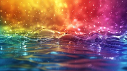 Abstract rainbow color backdrop with oil drops and waves on water surface under vivid colored...