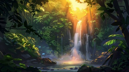 A powerful waterfall tumbles down rocks in the midst of a dense forest, surrounded by vibrant green foliage and tall trees. The water crashes into a pool below, creating mist and sound.