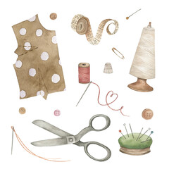 Vintage sewing collection  with  scissors, threads. Hand drawn watercolor  isolated illustration on white background