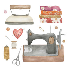 Vintage sewing collection  with machine, scissors, threads. Hand drawn watercolor  isolated illustration on white background