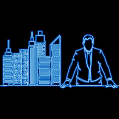 Business or career opportunity businessman and big city. Symbol of success, vision, future, perspective icon neon glow vector illustration concept