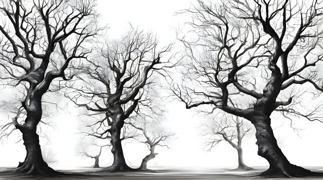 Large leafless hardwood trees are seen silhouetted on a white background in a isolated transparent illustration. generative.ai