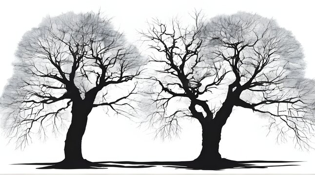 Large leafless hardwood trees are seen silhouetted on a white background in a isolated transparent illustration. generative.ai