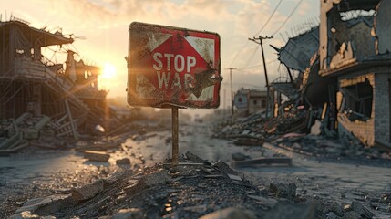 Behold the road sign 'STOP WAR' amidst destruction, a plea for humanity. Let's unite to build a world free from conflict and violence
