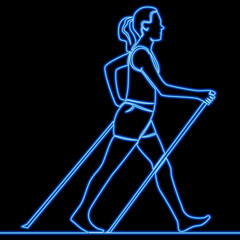 A young woman walks on foot with walking sticks. Nordic walking icon neon glow vector illustration concept