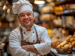 A smiling and jovial chef, with his arms folded, stands in the restaurant kitchen