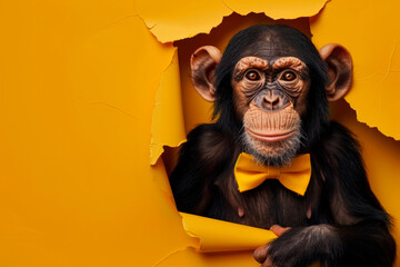 Chimpanzee dressed with a yellow ribbon posing on a yellow torn paper background. - obrazy, fototapety, plakaty