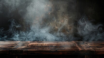 Empty wooden table enveloped in swirling smoke against a dark mysterious backdrop