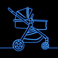 Baby stroller blue icon neon glow vector illustration concept