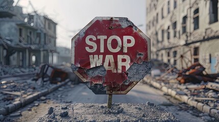 Behold the road sign 'STOP WAR' amidst destruction, a plea for humanity. Let's unite to build a world free from conflict and violence