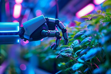 Energy efficient smart home garden where plants are nurtured by robotic caretakers optimizing growth - obrazy, fototapety, plakaty