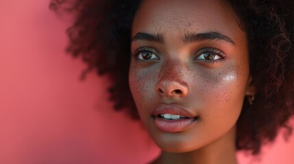 Radiant Young Woman with Freckles and Curly Hair.