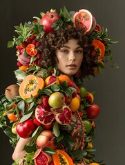 Fototapeta na wymiar Captivating Zoomorphic Garment Fashioned from Vibrant Fruits and Foliage,Featuring a Confident and Alluring Model's Expression in a High-Fashion