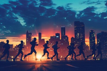 silhouette of a group of runners running together in the city
 - obrazy, fototapety, plakaty