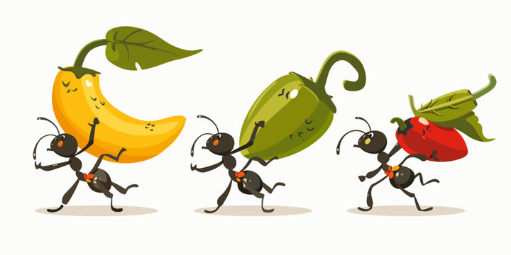 a group of ants carrying fruit and vegetables