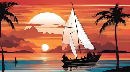 A sailboat and two passengers are seen in front of a colorful graphic sunset design in an illustration about vacation and travel and boating. generative.ai
 - obrazy, fototapety, plakaty