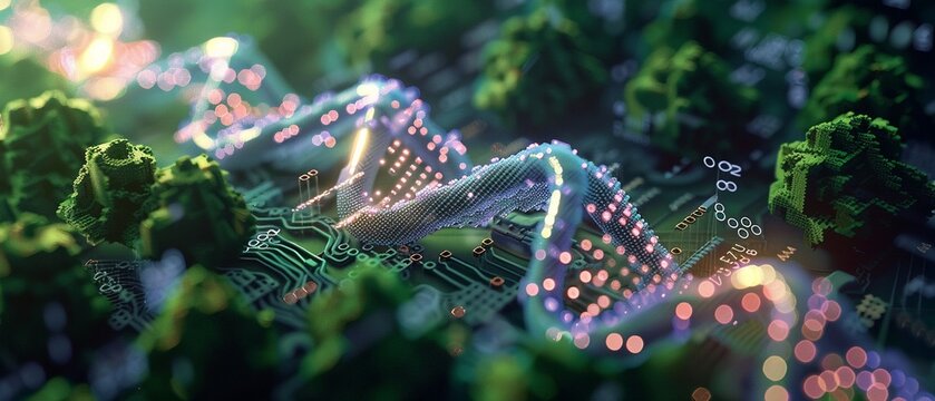A DNA helix with data points symbolizing genetic research.--sref https://cdn.midjourney.com/9ce9b672-3cd6-4ce7-83d6-158281f0ea3c/0_0.webp