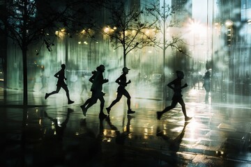 silhouette of a group of runners running together in the city
