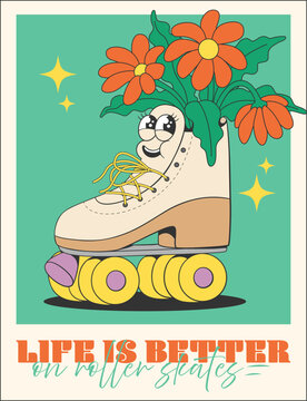 Retro roller-skate colorful cartoon character