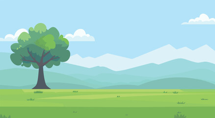 Fototapeta premium a green tree in a field with mountains in the background
