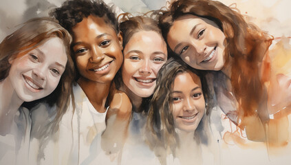 Watercolor portrait of five smiling women