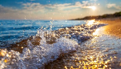 Beautiful saltwater splashes gently in the sea in midsummer, and the gentle light of the sun illuminates the sandy beach, creating a tasteful background.