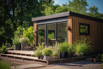 Fototapeta na wymiar Modern shipping container house home, tiny house in sunny day. Shipping container houses is sustainable, eco-friendly living accommodation or holiday home