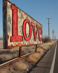 Vintage 'Love' sign on a desert roadside with clear blue sky