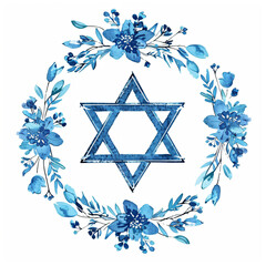 Star of David with blue leaves and flowers isolated on white background. Jewish symbol clipart. Bat and Bar Mitzvah. Hanukkah, Passover, Shavuot holiday - obrazy, fototapety, plakaty
