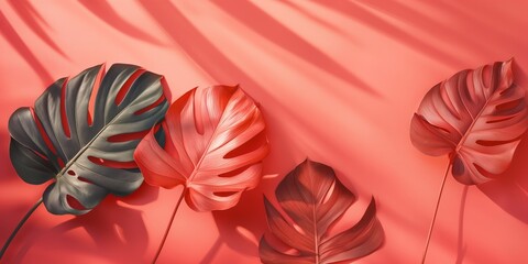 Philodendron tropical leaves on coral-colored background minimal summer - obrazy, fototapety, plakaty