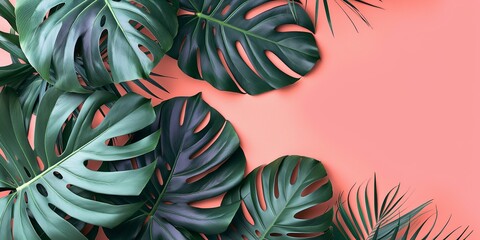 Philodendron tropical leaves on coral-colored background minimal summer - obrazy, fototapety, plakaty
