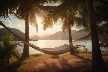 A hammock is hanging between two palm trees by a lake