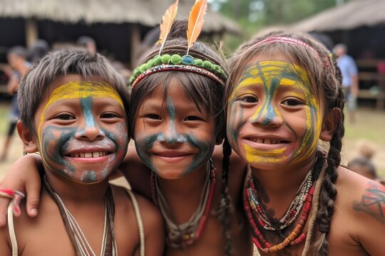 Three children wearing colorful face paint