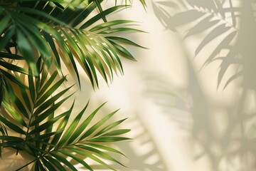 Blurred shadow from palm leaves on light cream wall. Minimalistic beautiful summer spring background for product presentation.