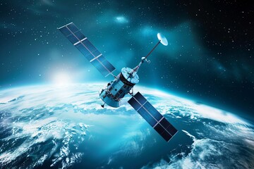 Global communication epitomized by a blue tech satellite circling the Earth a beacon of connectivity