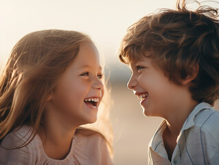 Joyful girl and boy laughing together in the sunshine