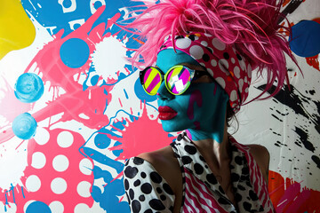 A woman with vibrant pink hair and sunglasses standing confidently in front of a brightly colored wall. - 783295945