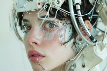 A woman with a robotic head and face is depicted in this futuristic artwork. - 783296159