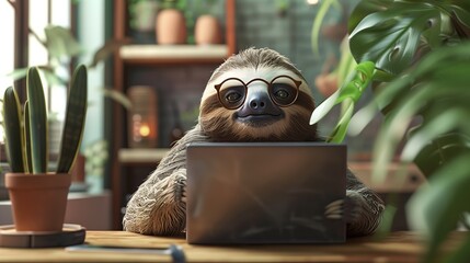 Cozy sloth freelancer working on laptop at home, chilled and relaxed, slow life lifestyle