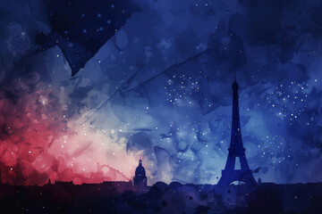 Artistic rendition of the Eiffel Tower and fireworks in watercolor blues and reds, symbolizing Bastille Day in Paris, ideal for festive designs - obrazy, fototapety, plakaty