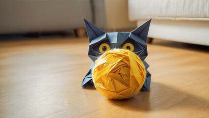 Adorable playful origami paper kitten playing with a yellow paper ball at home. Children's book illustration.