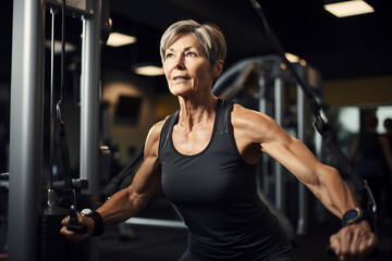 Fototapeta na wymiar Strong Senior Woman Exercising at Gym