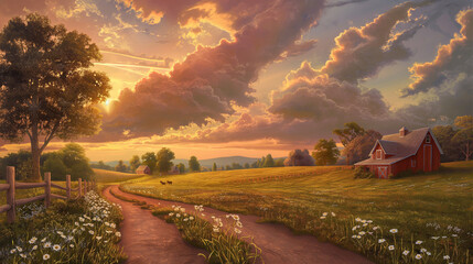 a painting of a farm with a red barn and a road