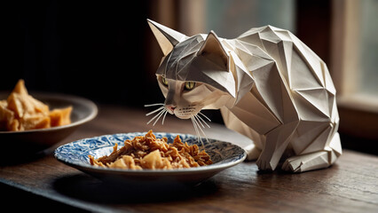 Adorable origami paper kitten cat eating pet food from feeding bowl at home. Children's book illustration.