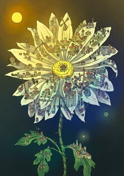 Digital painting of a flower with a city on it